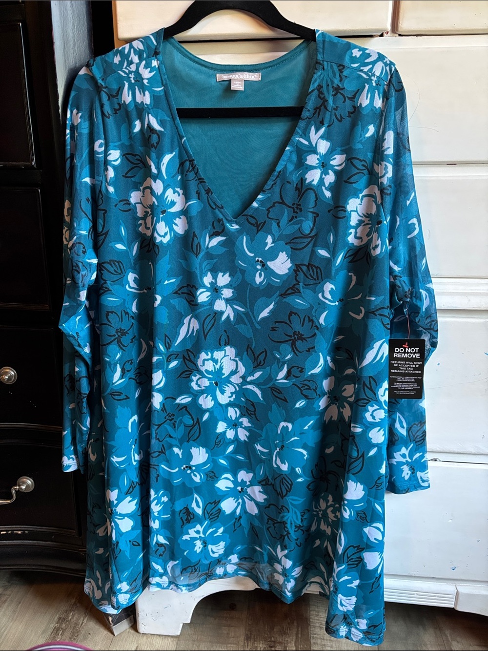Woman Within Teal Floral V-Neck Tunic Top